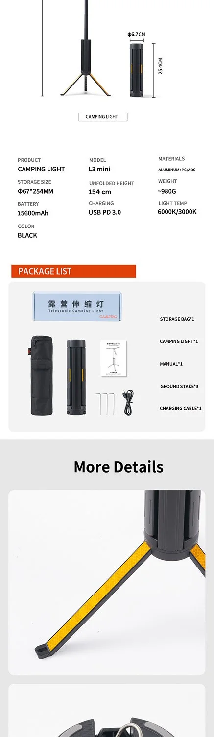 Telescopic Camping Light 15600mAh Rechargeable Lantern, Waterproof Collapsible Outdoor LED Flashlight for Hiking Tent - Image 17