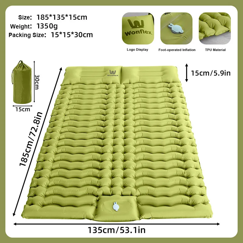 Double Sleeping Pad with Pillows 3 Colors Built-In Foot Pump Ultralight Camping Sleeping Mats Compact for Travel Hiking Backpacking - Image 9
