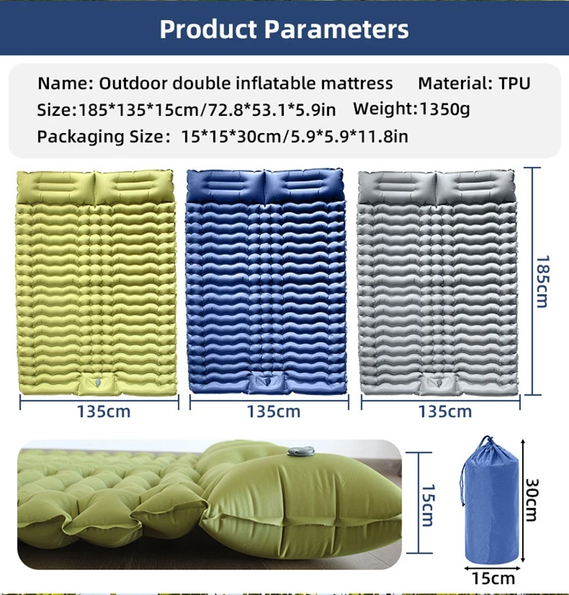 Double Sleeping Pad with Pillows 3 Colors Built-In Foot Pump Ultralight Camping Sleeping Mats Compact for Travel Hiking Backpacking - Image 10