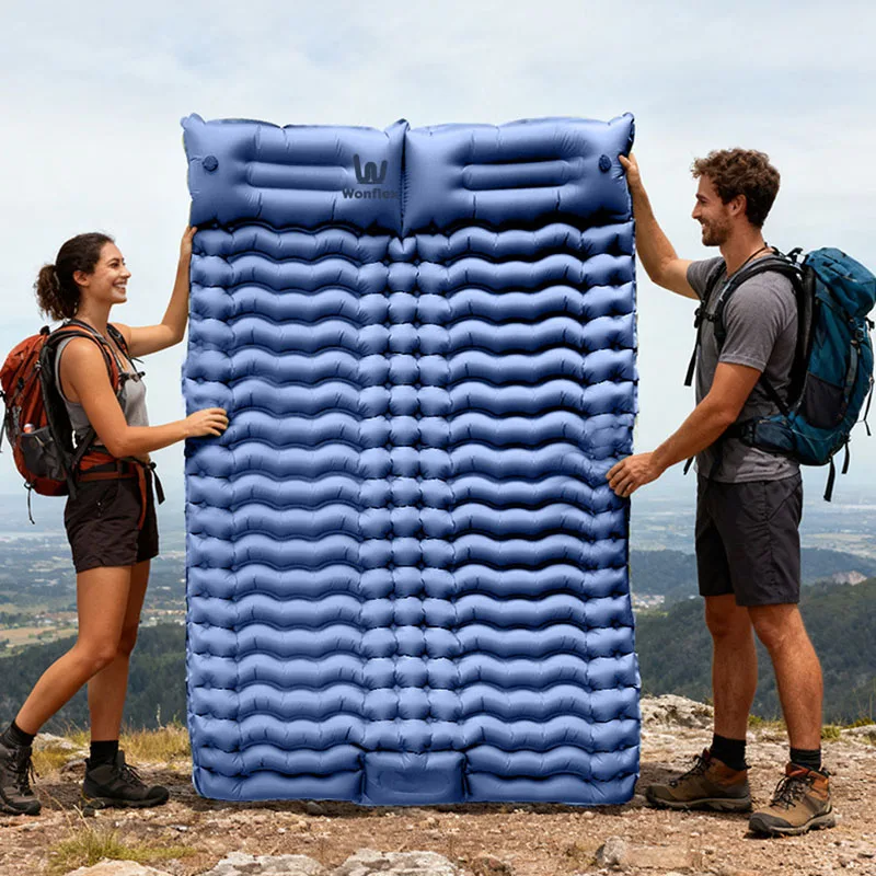 Double Sleeping Pad with Pillows 3 Colors Built-In Foot Pump Ultralight Camping Sleeping Mats Compact for Travel Hiking Backpacking