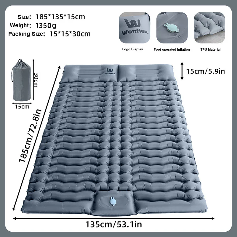 Double Sleeping Pad with Pillows 3 Colors Built-In Foot Pump Ultralight Camping Sleeping Mats Compact for Travel Hiking Backpacking - Image 7